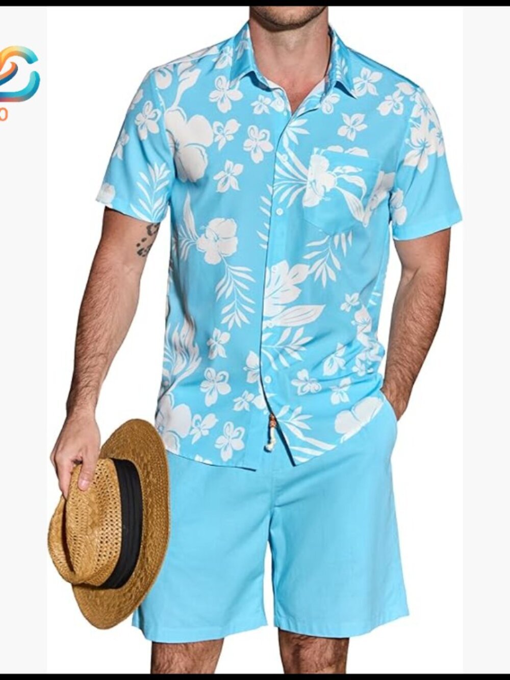 Men's Linen Shorts Set with Hawaiian Print Shirt, Size Medium